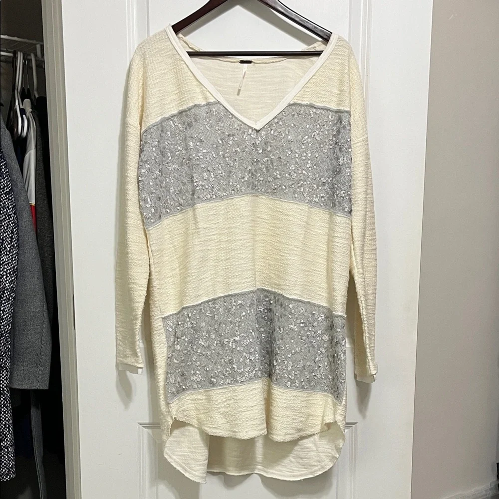 Free People Sequin Colorblock V Neck Tunic Sweater Sz Large